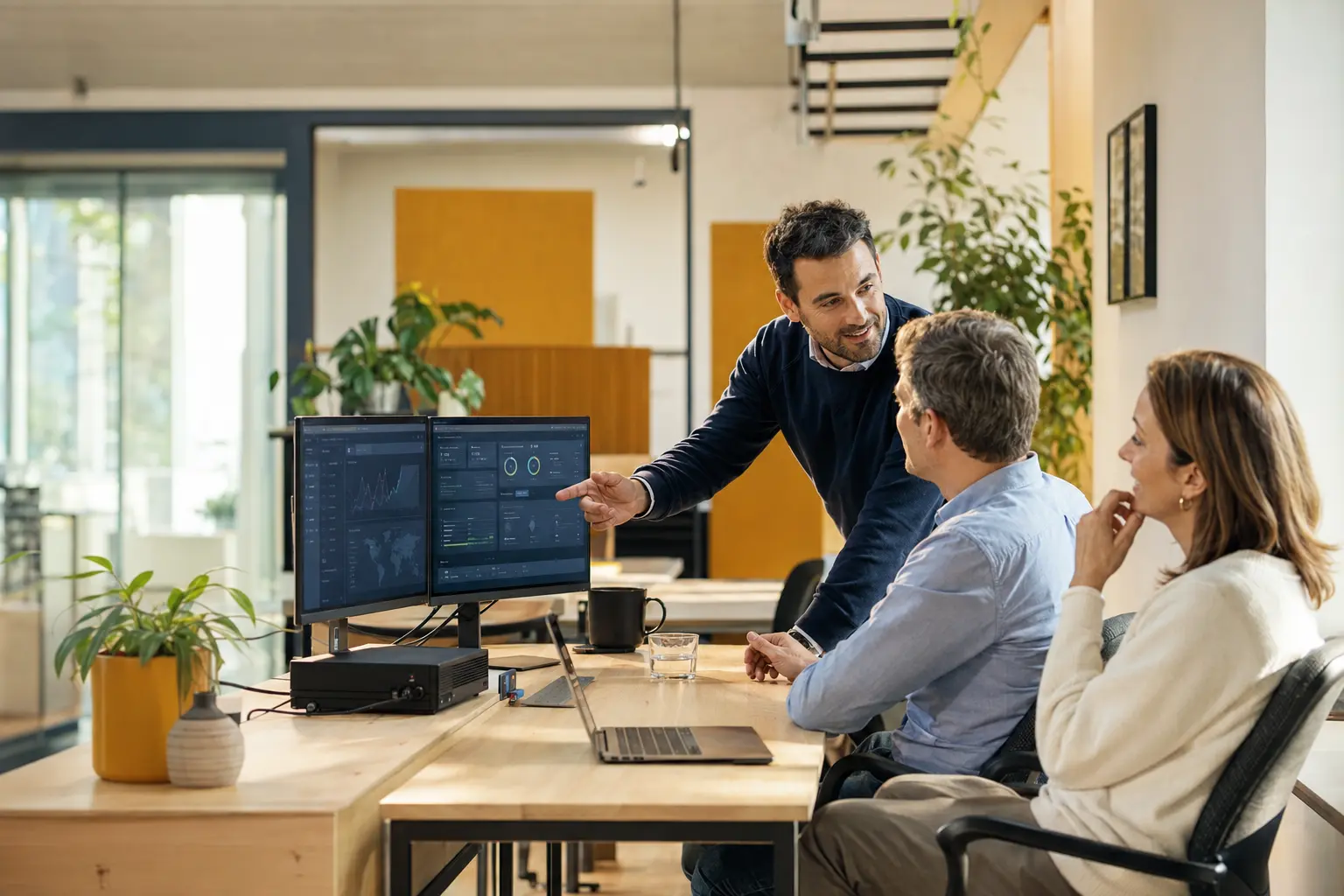 IT-system engineer helpt twee Vlaamse collega's aan een moderne digitale werkplek